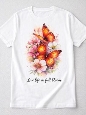 White Graphic Tee with Orange Butterflies & Pink Flowers